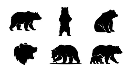 Grizzly Bear Silhouettes Vector Set: Wildlife, Nature, Animals, Ursus Arctos, Mammal Poses, Cub, Roaring Head © Nurul