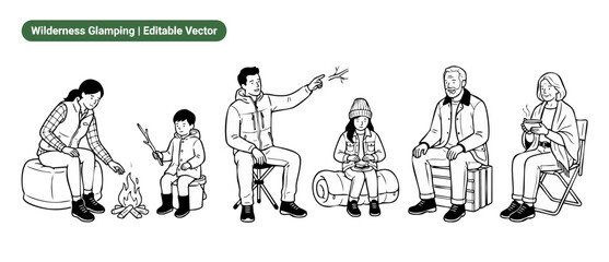 Obraz premium Family camping vector line art collection showing grandparents, parents, and children enjoying a wilderness glamping trip around a campfire in a minimalist black and white outline style design.