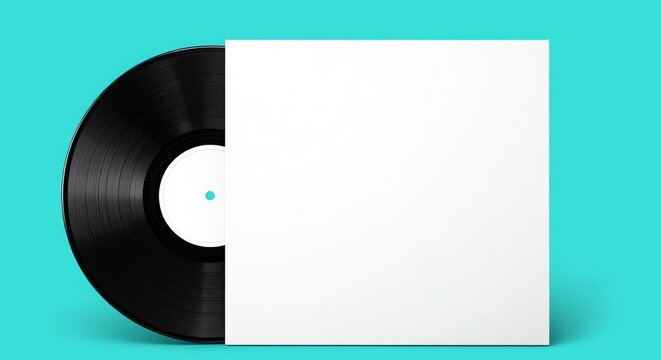 A vinyl record mock up, plain, blank, white sleeve on a aqua green backdrop, white inner label, vinyl design concept
