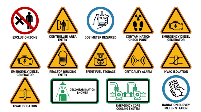 Nuclear power plant safety warning signs and radiation hazard symbols vector set. EPS Editable