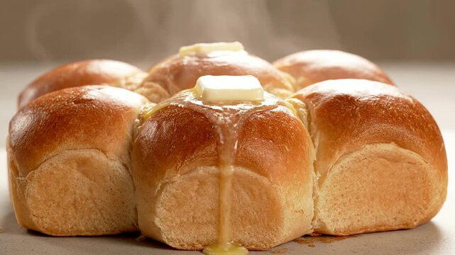 Freshly Baked Dinner Rolls with Butter Steaming on a Light Surface, Perfect for Food Photography and Culinary Advertising