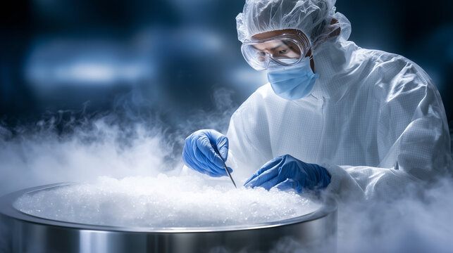 Fertility laboratory cryopreservation scene with scientist in protective suit working over liquid nitrogen tank, IVF reproductive medicine, embryology research, frozen biological s