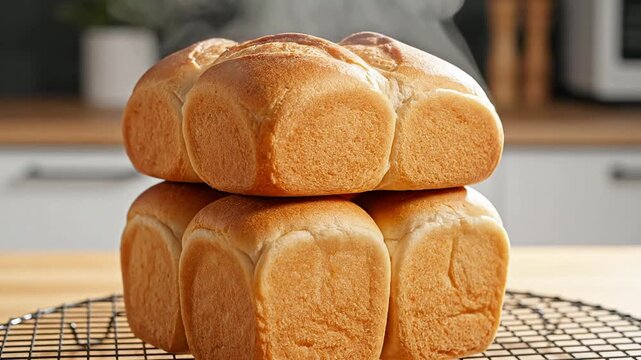 Freshly Baked Dinner Rolls Stacked on a Cooling Rack in a Modern Kitchen Setting for Culinary and Food Photography