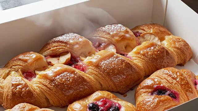 Freshly Baked Fruit Pastry Braid in Bakery Box with Golden Brown Layers and Powdered Sugar Topping for Culinary Presentations and Food Photography