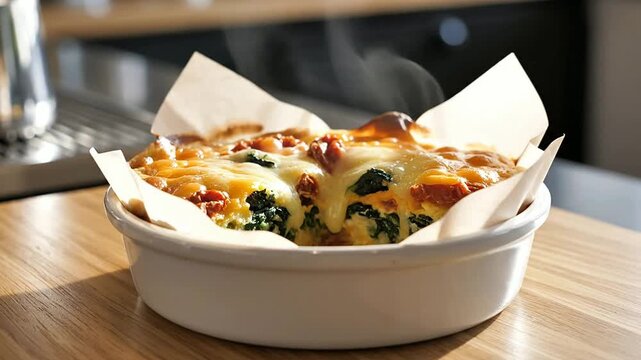 Freshly Baked Frittata with Spinach and Sun-Dried Tomatoes in Rustic Kitchen Setting with Steam Rising