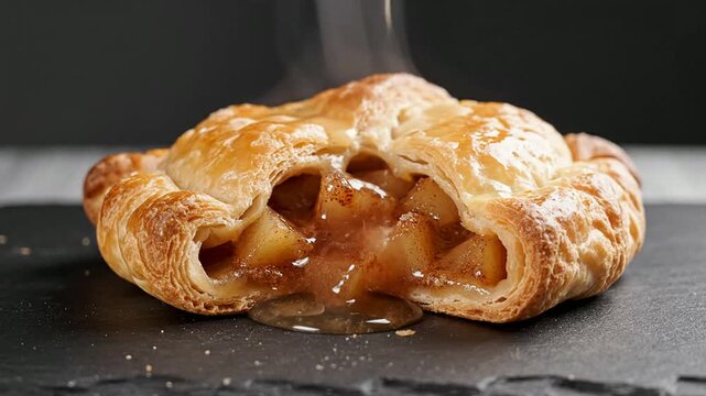 Freshly Baked Golden Brown Apple Turnover Puff Pastry with Delicious Sweet Filling and Rising Steam on Rustic Slate Background