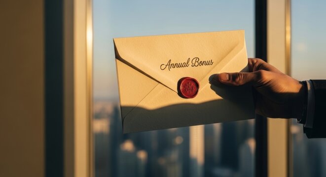 Manager's hand presents an Annual Bonus envelope sealed with wax, set against a sunlit urban office backdrop