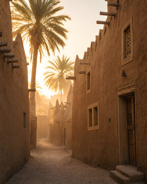 Narrow Alley in Traditional Saudi Mud Village with Palm Trees and Golden Morning Light