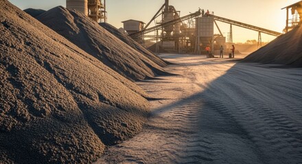 Obraz premium Cement production facility with large mounds of raw materials during golden hour, industrial landscape with workers and machinery