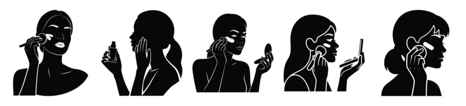 Set of minimalist  woman applying foundation silhouette vector icon for beauty design.