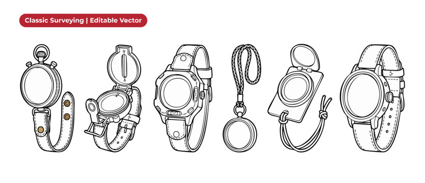 Classic surveying instrument vector icons set showing vintage compass, retro pocket watch, navigation tools, and analog wrist watches in thin line art style isolated on white background. Line drawing.