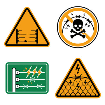 Set of electric fence warning signs and high voltage danger symbols vector illustration. EPS Editable