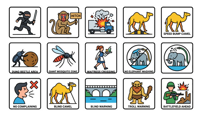 Set of funny and unusual warning sign icons featuring humorous hazards and animals. EPS Editable