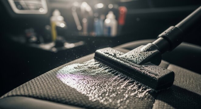 Professional car seat cleaning with a wet vacuum in bright light, showcasing automotive detailing service
