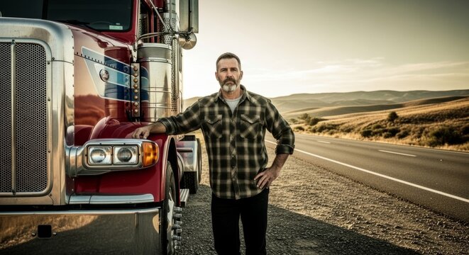 Rugged truck driver in plaid shirt poses confidently by semi-truck during golden hour sunset, symbolizing long-haul journeys and determination
