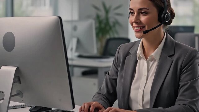 Dedicated customer service agent offering friendly support with a headset in a professional modern office environment