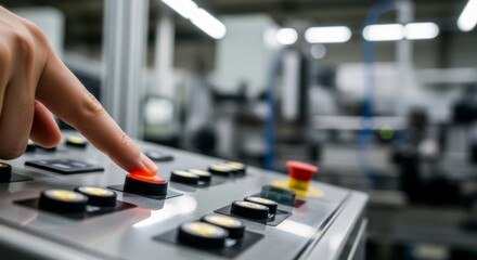Fototapeta premium Hand pressing a glowing red button on a modern industrial control panel, signifying activation and automation on a factory production line.