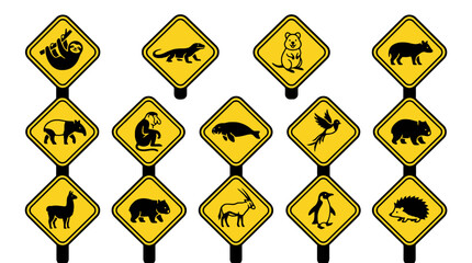 Fototapeta premium Set of yellow warning road signs with various wild animal silhouettes isolated on white background. EPS Editable