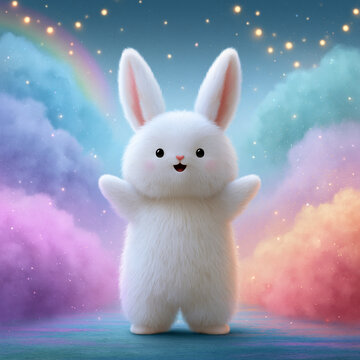 Playful bunny character in a colorful fantasy world digital art whimsical environment cute concept