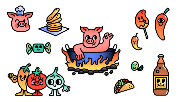 Mexican food mascot doodle set with carnitas pig, tacos, chili peppers and snack characters