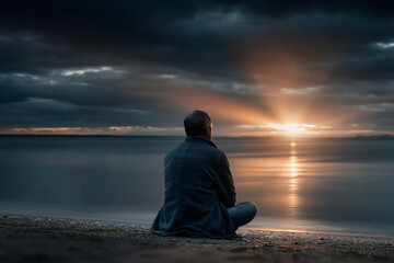 Fototapeta premium Meditative reflection at sunset serene beach photography tranquil environment wide angle mindfulness concept