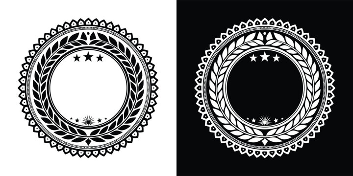 Two round circular emblems with laurel leaves and stars design