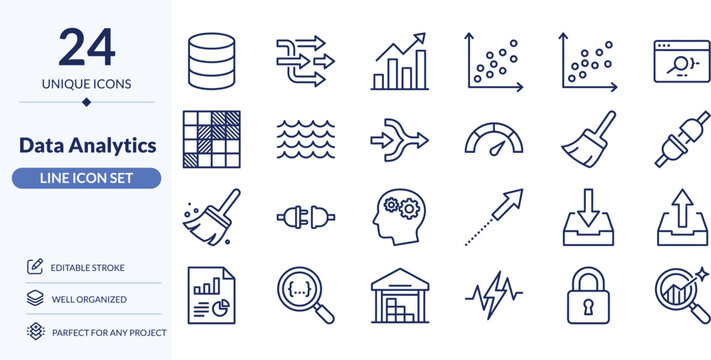 Data Analytics and business technology icon set in a flat design. Vector illustration. Line icon set. Thin outline icons pack. Included analysis, data research, information and more