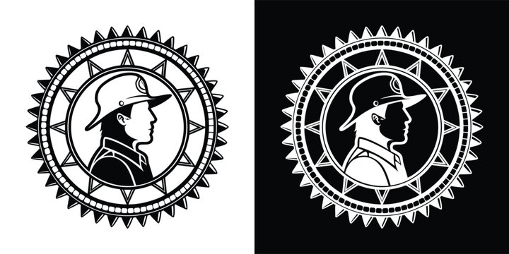 Black and white circular logo featuring a man in hat