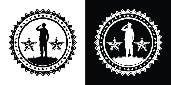 Military soldier saluting inside a circular badge with two stars