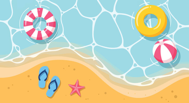 Beach scene with inflatables and flip flops on sandy shore