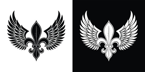 Elegant black and white fleur de lis symbol with angel wings © Ahsanul