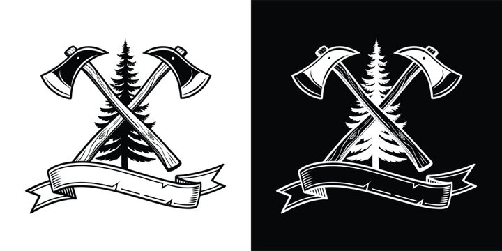 Vintage crossed axes emblem with pine tree and blank banner
