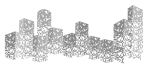 Building City Vector Modern city skyline silhouette with glowing digital elements and abstract geometric patterns creating futuristic urban building landscape on white background
