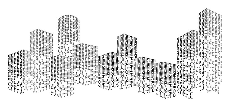 Building City Vector Modern city skyline silhouette with glowing digital elements and abstract geometric patterns creating futuristic urban building landscape on white background