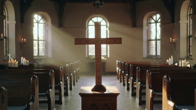 A serene church interior with a wooden cross and rows of pews bathed in sunlight