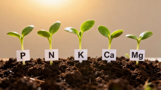 Five seedlings labeled with plant nutrients