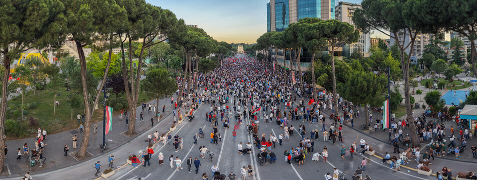 Evening aerial view of Tirana boulevard during protest