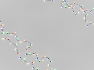Christmas glowing lights PNG. Colorful garland with realistic luminous LED lamps and colours bulb lights. Xmas decoration isolated on transparent background. © ikril