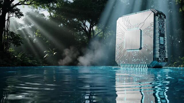 Futuristic computer processor standing in wild forest lake. Electronic circuit board hardware with light reflection in water. Technology and nature fusion concept
