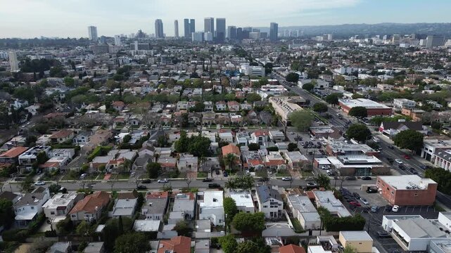 Neighborhood south of Pico Blvd reveals dense housing rows leading toward Downtown Los Angeles skyline. Mixed rooflines, layered vegetation, soft atmospheric haze frame urban backdrop in CA