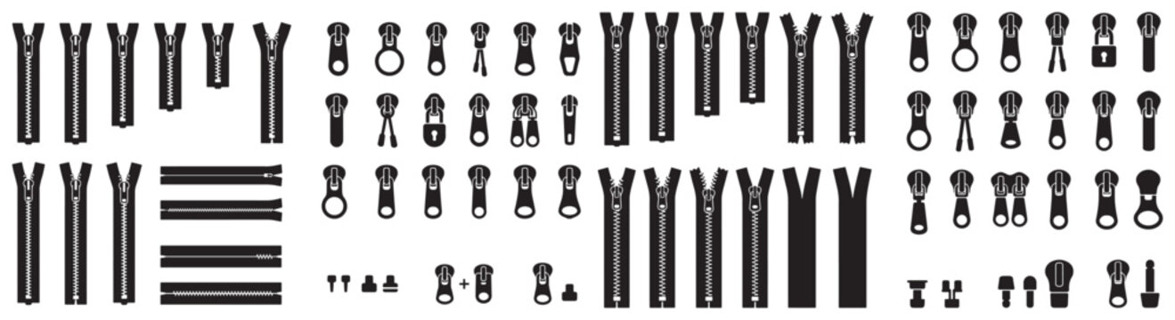 Black Zipper Icons Vector Set &mdash; Zipper Pulls, Sliders and Fastener Components for Fashion and Sewing