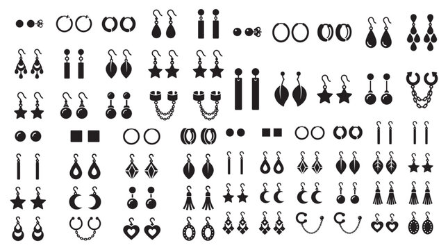 Earrings and Jewelry Silhouette Icon Set - Black Vector Collection of Diverse Earring Styles for Fashion Branding, Jewelry Design, and E-commerce Catalogs