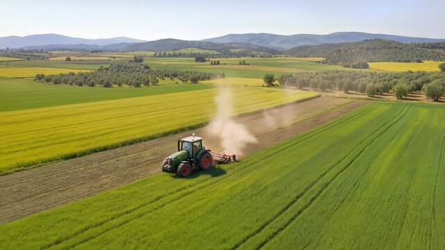 Agricultural tractor plowing green field in rural valley. Farming machinery cultivating soil with dust clouds. Aerial wide shot.