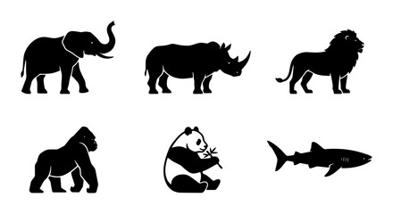 African Wildlife Silhouette Icons: Elephant, Rhino, Lion, Gorilla, Panda, Shark Vector Set, Safari Animals Collection © Nafisa
