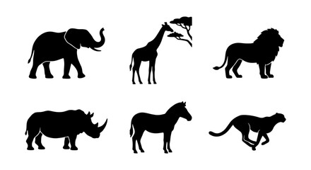 African Wildlife Silhouettes: Elephant, Giraffe, Lion, Rhino, Zebra, Cheetah Vector Icons Set © Nafisa