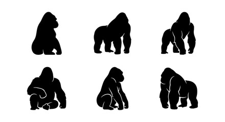Gorilla Silhouettes Collection: Primate Poses Vector Set, Wild Animal Graphics, Powerful Ape Icons © Nafisa