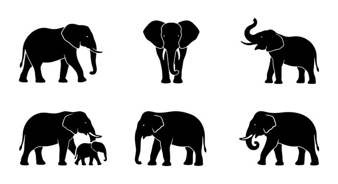 African Elephant Silhouettes, Majestic Wildlife Icons, Safari Animal Vector Graphics, Mammal Collection