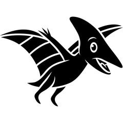 Cute cartoon pterodactyl flying vector illustration, black and white prehistoric pterosaur dinosaur stencil isolated on white background © Sanjib