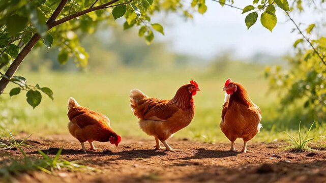 Three chickens on a dirt path