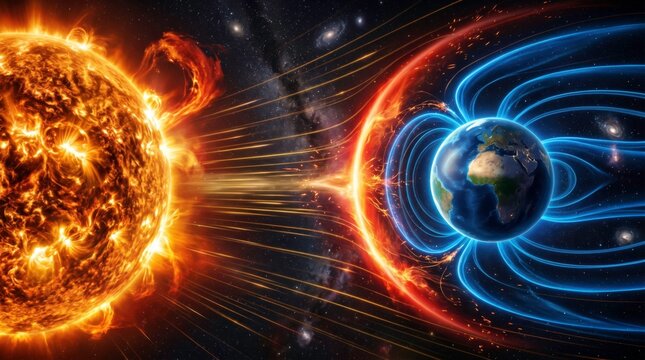 Solar Flare Impact on Earth's Magnetosphere: A dramatic visual representation of a solar flare emanating from the sun, interacting with Earth's protective magnetic field.